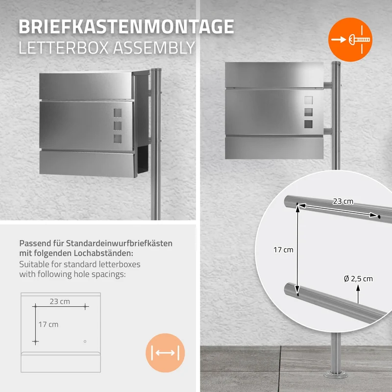 Briefkastenständer 120x40 cm Silber aus Edelstahl ML-Design