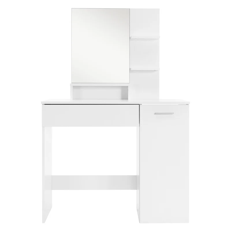 Schminktisch Frisiertisch 90x38x138 cm in Weiß mit Spiegel, Schublade, 3 Ablagen, Schrank & Hocker ML-Design