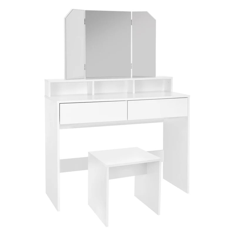 Schminktisch Frisiertisch 100x40x140 cm in Weiß mit Spiegel 3-tlg, 2 Schubladen & Hocker ML-Design