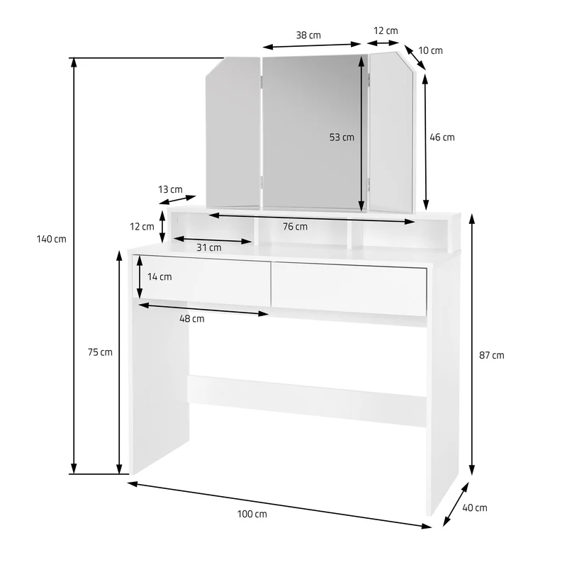 Schminktisch Frisiertisch 100x40x140 cm in Weiß mit Spiegel 3-tlg, 2 Schubladen & Hocker ML-Design