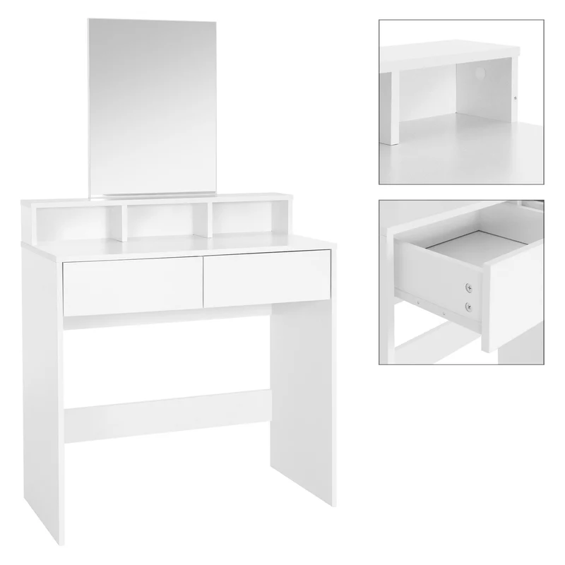 Schminktisch Frisiertisch 80x40x140 cm in Weiß mit Spiegel, 2 Schubladen, 3 Ablagen & Hocker ML-Design