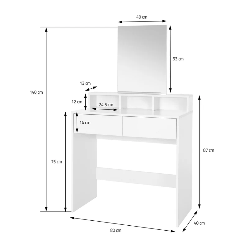 Schminktisch Frisiertisch 80x40x140 cm in Weiß mit Spiegel, 2 Schubladen, 3 Ablagen & Hocker ML-Design
