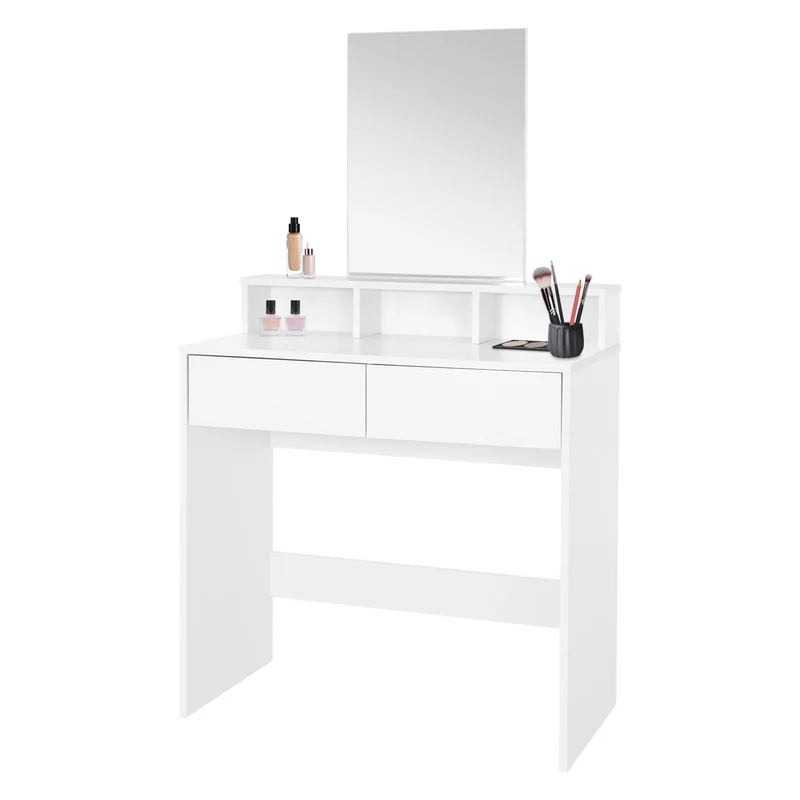 Schminktisch Frisiertisch 80x40x140 cm in Weiß mit Spiegel, 2 Schubladen und 3 Ablagen ML-Design