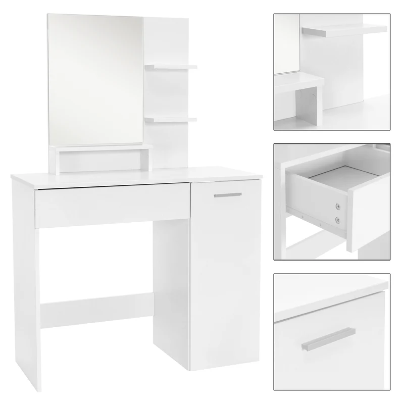Schminktisch Frisiertisch 90x38x138 cm in Weiß mit Spiegel, Schublade, 3 Ablagen & Schrank ML-Design