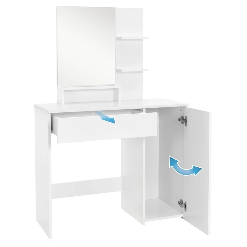 Schminktisch Frisiertisch 90x38x138 cm in Weiß mit Spiegel, Schublade, 3 Ablagen & Schrank ML-Design