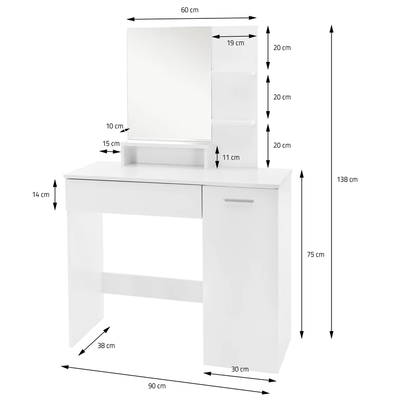 Schminktisch Frisiertisch 90x38x138 cm in Weiß mit Spiegel, Schublade, 3 Ablagen & Schrank ML-Design