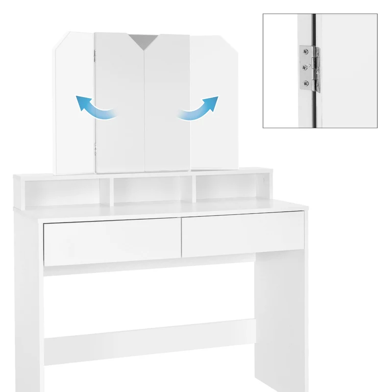 Schminktisch Frisiertisch 100x40x140 cm in Weiß mit Spiegel 3-tlg & 2 Schubladen ML-Design