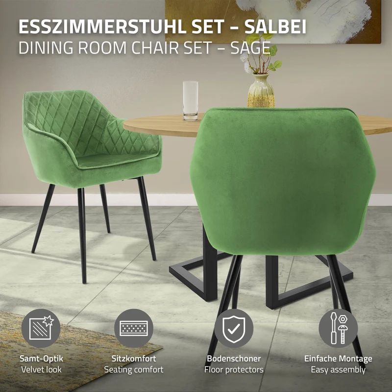 Esszimmerstuhl 2er Set Rauten Steppung mit Rücken- und Armlehnen Salbei Küchenstuhl mit Microfaser-Samtbezug ML-Design