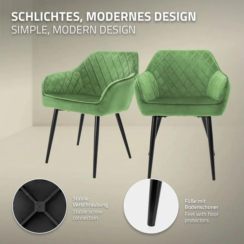 Esszimmerstuhl 2er Set Rauten Steppung mit Rücken- und Armlehnen Salbei Küchenstuhl mit Microfaser-Samtbezug ML-Design