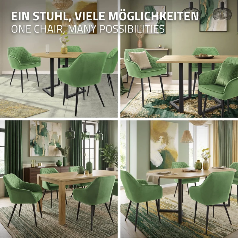 Esszimmerstuhl 2er Set Rauten Steppung mit Rücken- und Armlehnen Salbei Küchenstuhl mit Microfaser-Samtbezug ML-Design