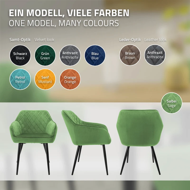 Esszimmerstuhl 2er Set Rauten Steppung mit Rücken- und Armlehnen Salbei Küchenstuhl mit Microfaser-Samtbezug ML-Design