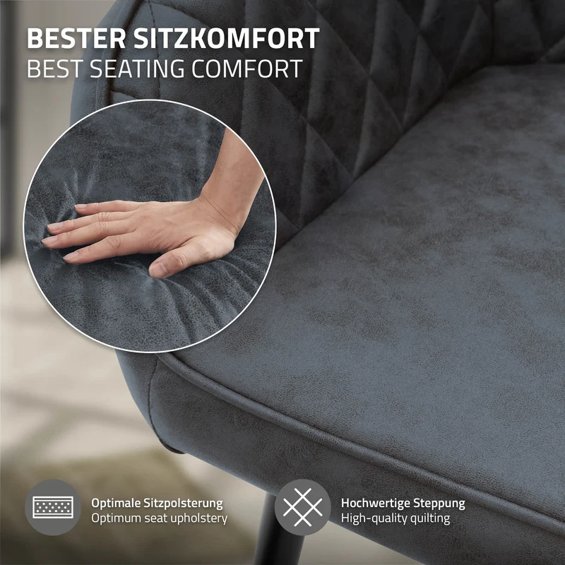 Esszimmerstuhl mit Rauten Steppung 2er Set mit Rücken- und Armlehnen Anthrazit Küchenstuhl mit Kunstleder Bezug ML-Design
