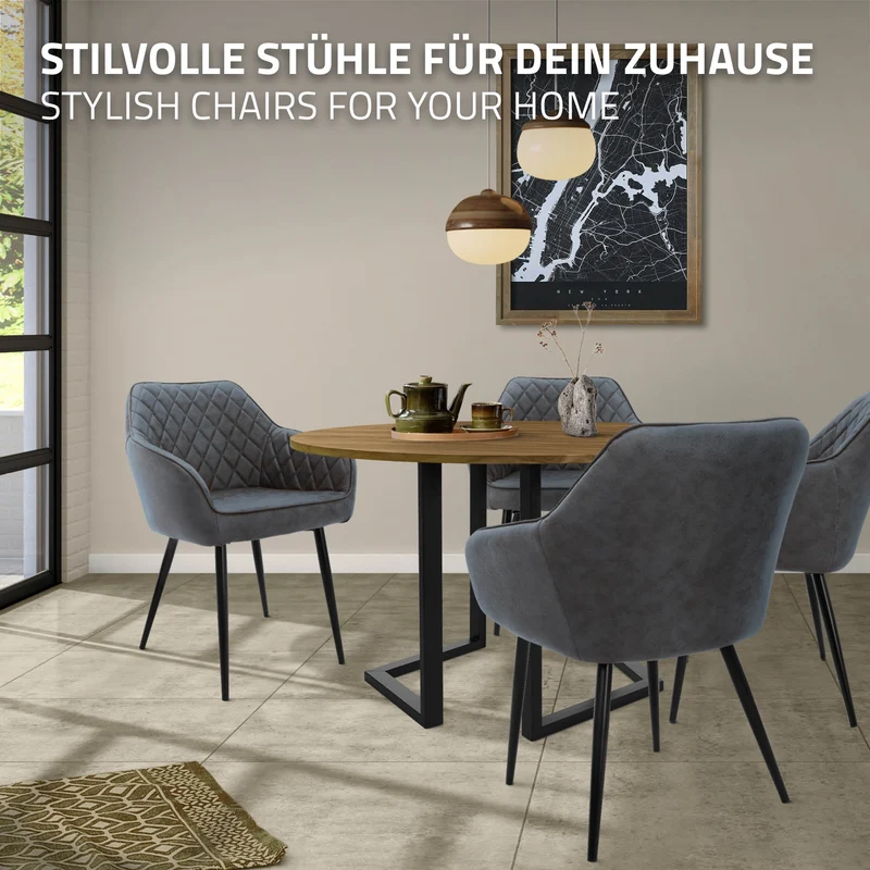 Esszimmerstuhl mit Rauten Steppung 2er Set mit Rücken- und Armlehnen Anthrazit Küchenstuhl mit Kunstleder Bezug ML-Design