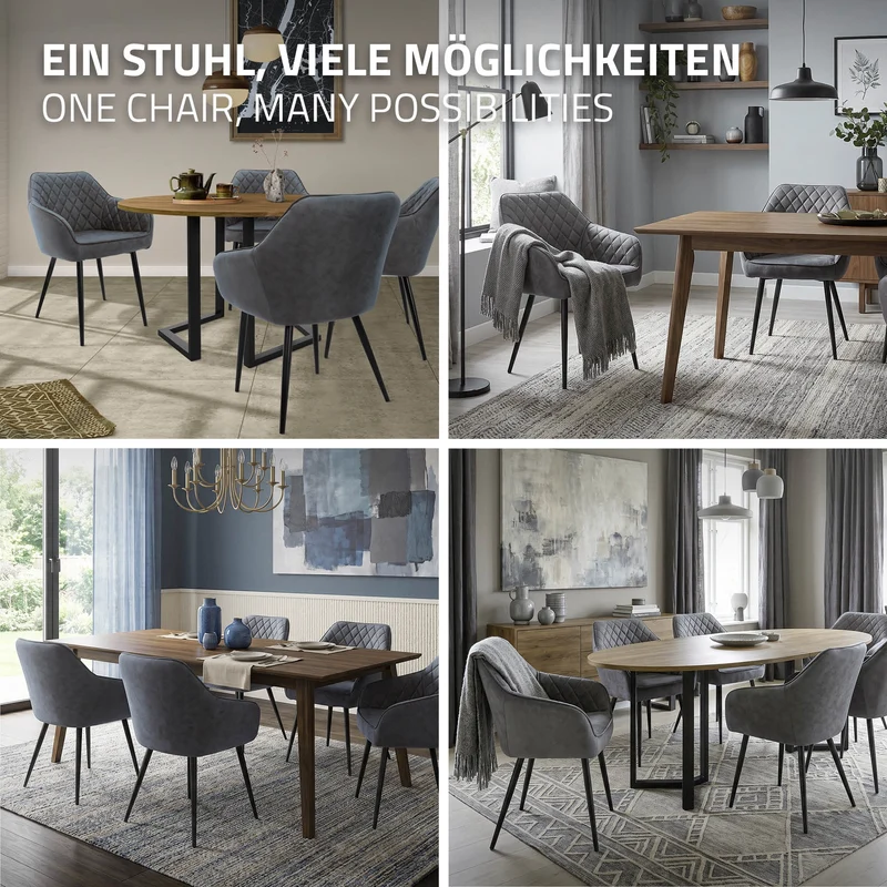 Esszimmerstuhl mit Rauten Steppung 2er Set mit Rücken- und Armlehnen Anthrazit Küchenstuhl mit Kunstleder Bezug ML-Design