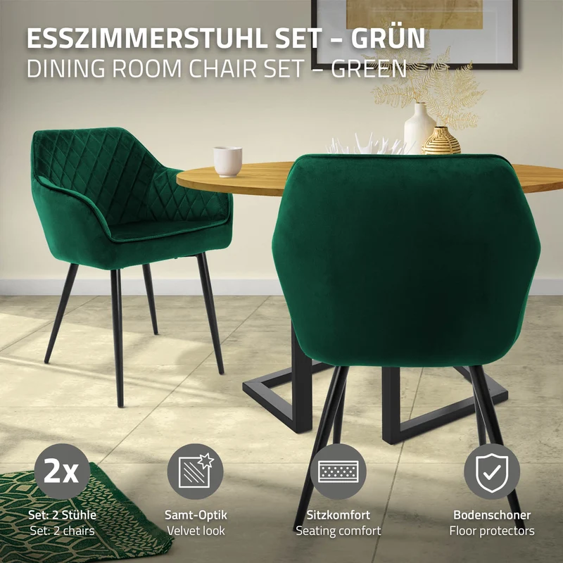Esszimmerstuhl 2er Set Rauten Steppung mit Rücken- und Armlehnen Dunkelgrün Küchenstuhl mit Microfaser-Samtbezug ML-Design