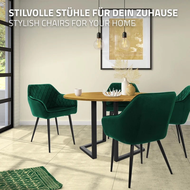 Esszimmerstuhl 2er Set Rauten Steppung mit Rücken- und Armlehnen Dunkelgrün Küchenstuhl mit Microfaser-Samtbezug ML-Design
