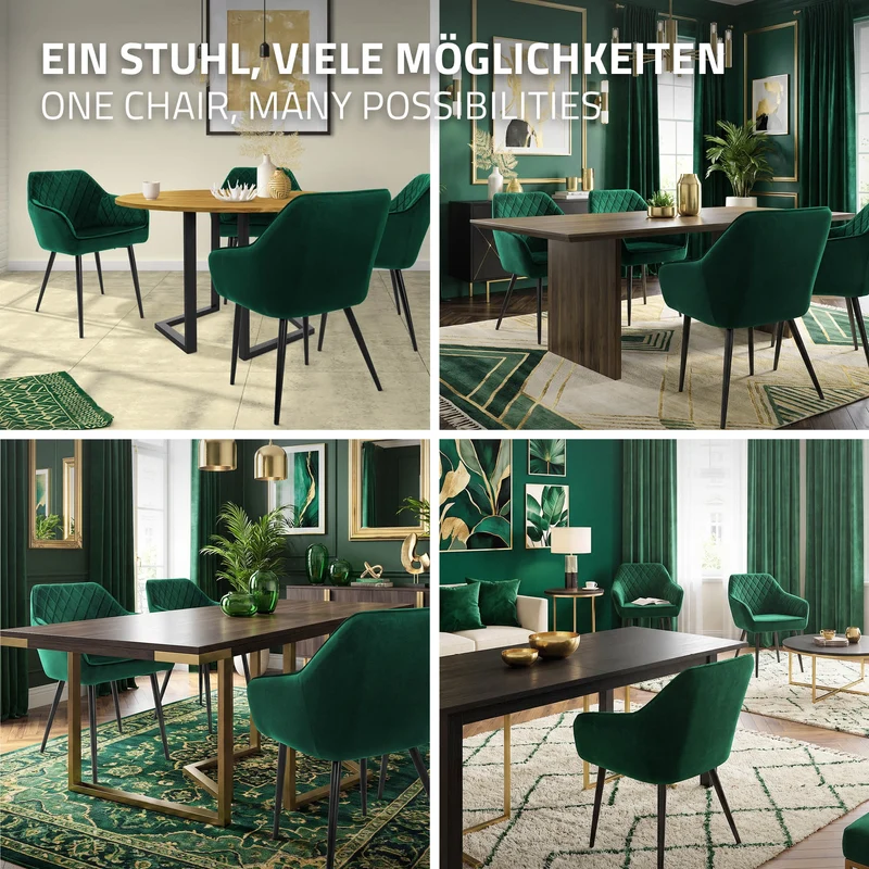 Esszimmerstuhl 2er Set Rauten Steppung mit Rücken- und Armlehnen Dunkelgrün Küchenstuhl mit Microfaser-Samtbezug ML-Design