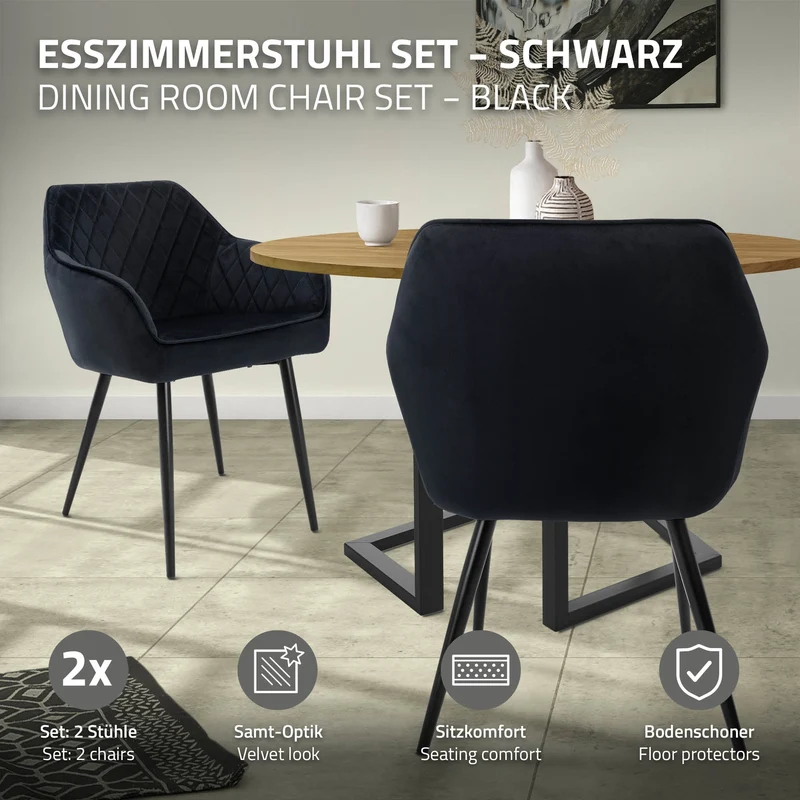 Esszimmerstuhl 2er Set Rauten Steppung Schwarz Samtbezug mit Metallbeinen & Armlehne inkl. Montagematerial ML-Design