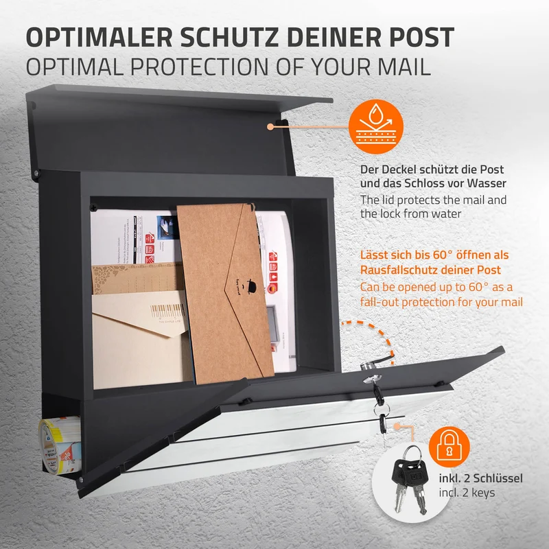 Briefkasten mit Zeitungsfach 37x36,5x11 cm Anthrazit/Weiß-Marmoroptik aus Stahl ML-Design, Modernes Diagonales Design