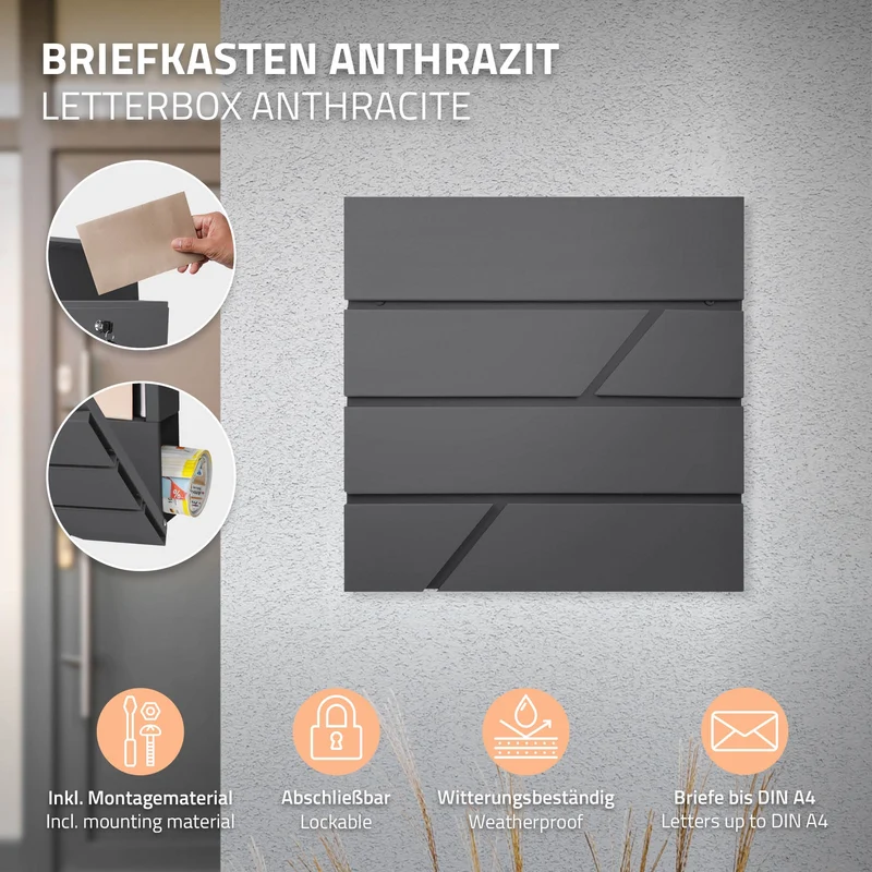 Briefkasten mit Zeitungsfach 37x11x37 cm Anthrazit aus Edelstahl