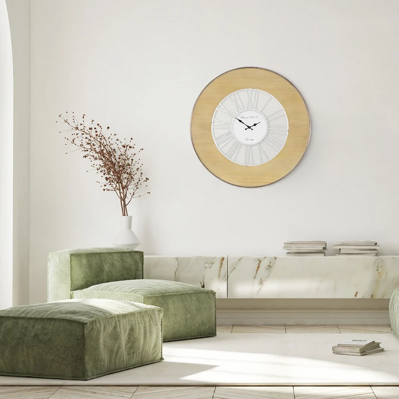 Große Wanduhr Ø 85 cm Weiß/Natur aus Holz mit römischen Ziffern WOMO-Design