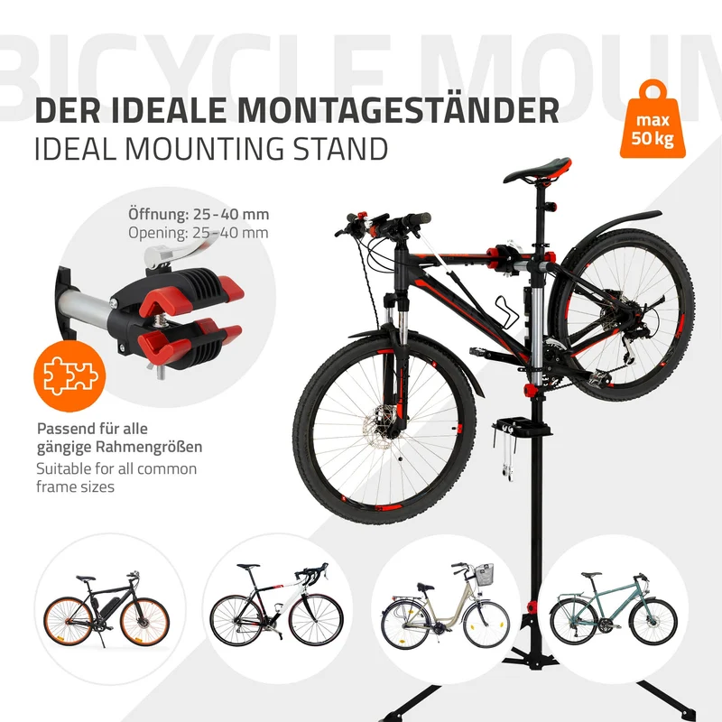 Fahrrad Montageständer Reparaturständer auch für E-Bikes bis 50 kg höhenverstellbar 360° drehbar aus Stahl