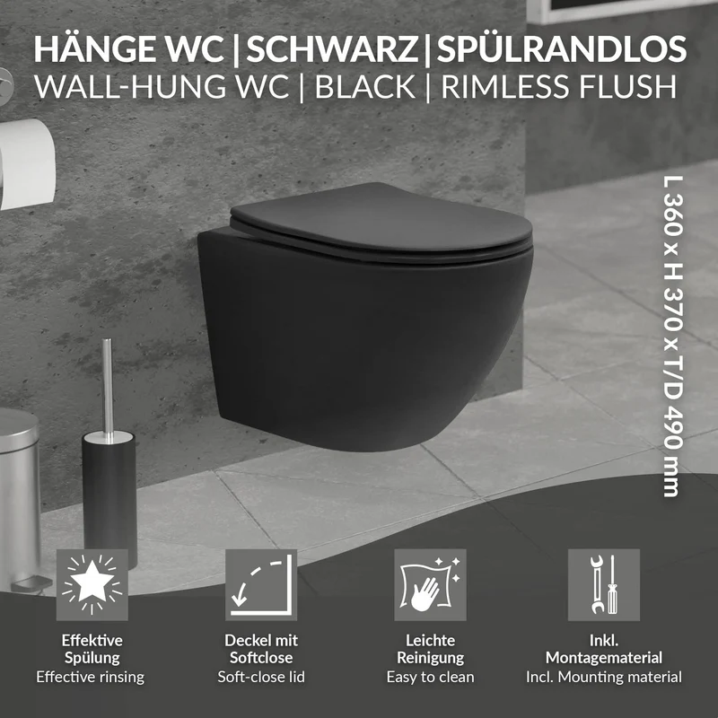 Wand-WC Hänge Toilette aus Keramik Schwarz matt 49cm kurz Spülrandlos mit Nanoversiegelung & Softclose LuxeBath