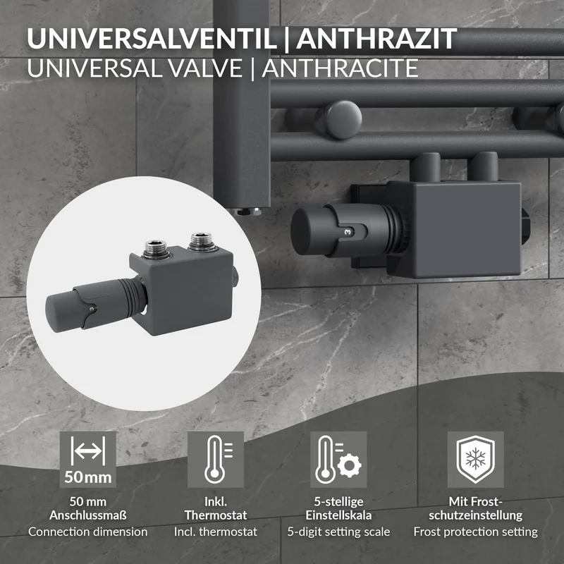 Ventil-Armaturen Set Anthrazit Universal für Eck- und Durchgangsform inkl. Thermostatkopf LuxeBath