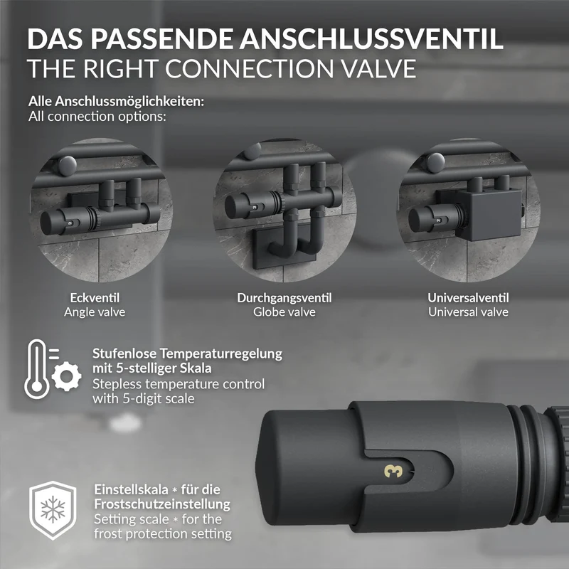 Ventil-Armaturen Set Anthrazit Universal für Eck- und Durchgangsform inkl. Thermostatkopf LuxeBath