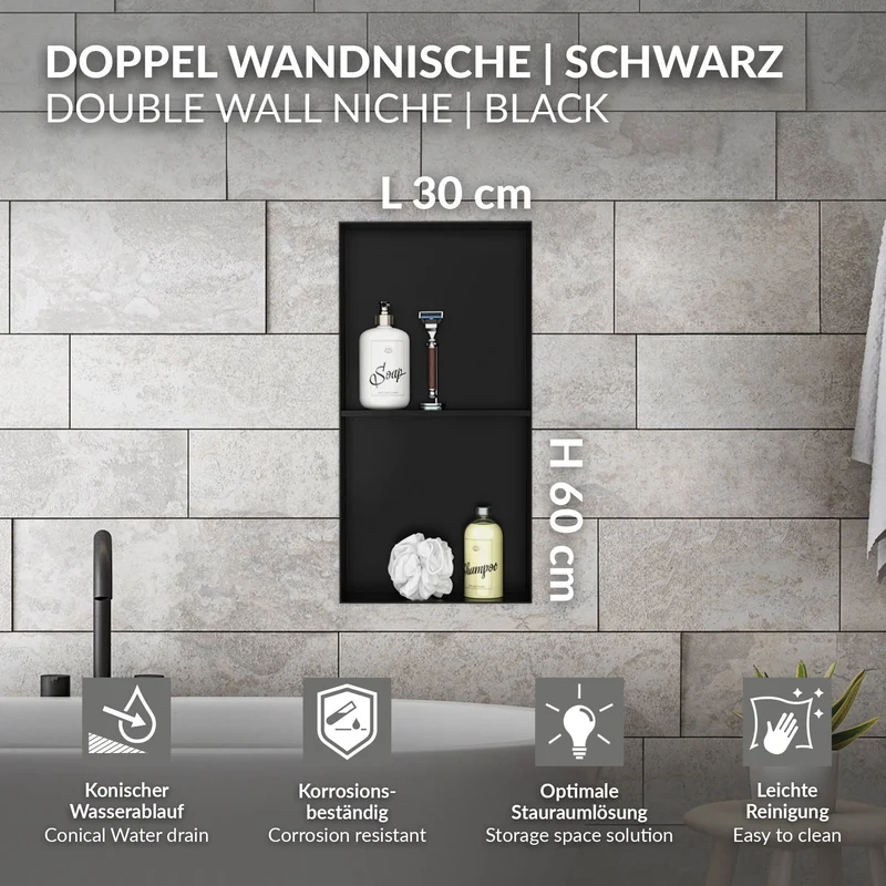Duschnische 2 Ebenen 30x60 cm Schwarz aus Edelstahl Unterputz Rahmen Wandnische Duschablage LuxeBath