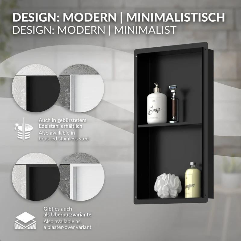 Duschnische 2 Ebenen 30x60 cm Schwarz aus Edelstahl Unterputz Rahmen Wandnische Duschablage LuxeBath