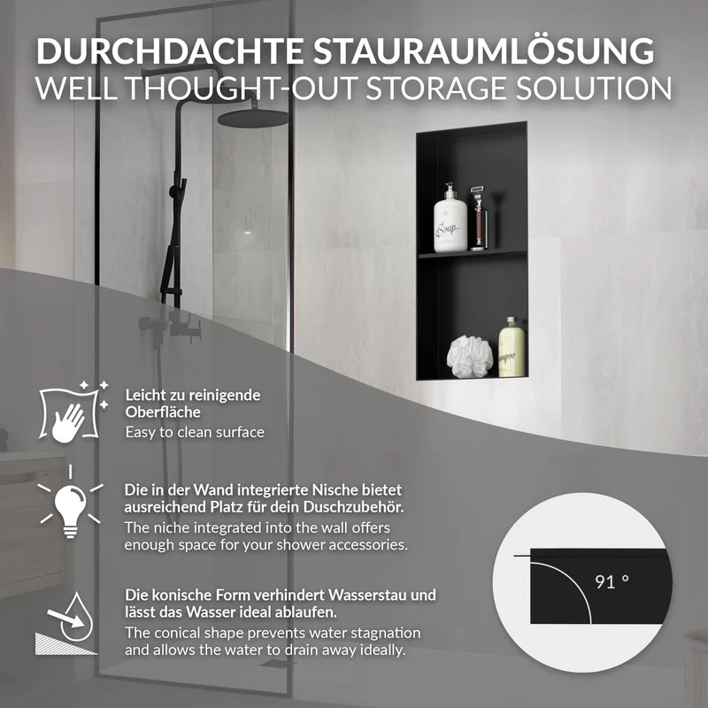 Duschnische 2 Ebenen 30x60 cm Schwarz aus Edelstahl Unterputz Rahmen Wandnische Duschablage LuxeBath
