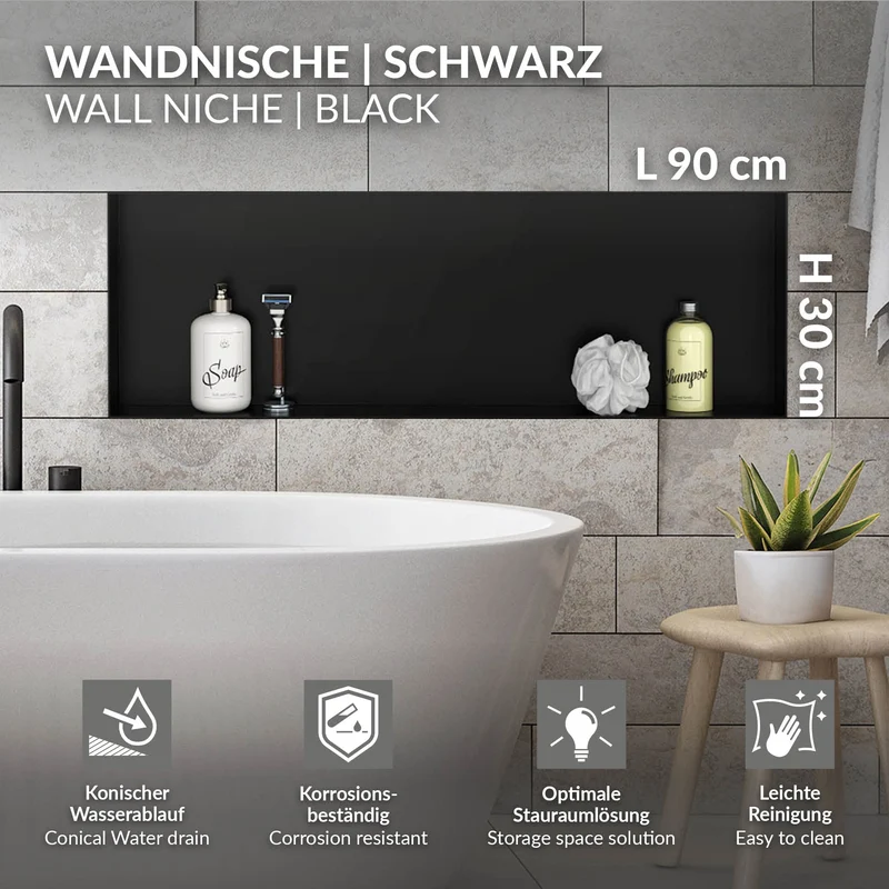 Duschnische 90x30 cm Schwarz aus Edelstahl Unterputz Rahmen Wandnische Duschablage LuxeBath