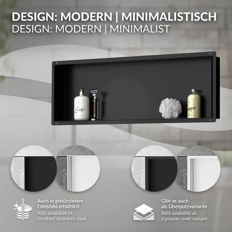 Duschnische 90x30 cm Schwarz aus Edelstahl Unterputz Rahmen Wandnische Duschablage LuxeBath