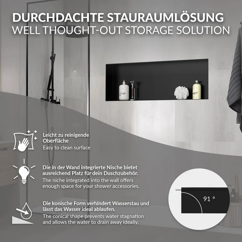 Duschnische 90x30 cm Schwarz aus Edelstahl Unterputz Rahmen Wandnische Duschablage LuxeBath