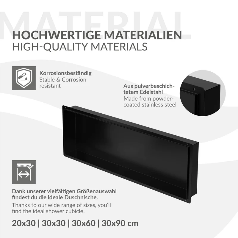 Duschnische 90x30 cm Schwarz aus Edelstahl Unterputz Rahmen Wandnische Duschablage LuxeBath