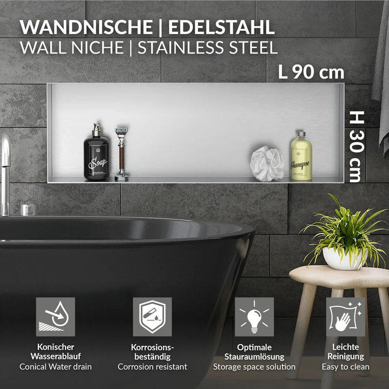 Duschnische 90x30 cm Silber aus Edelstahl Unterputz Rahmen Wandnische Duschablage LuxeBath