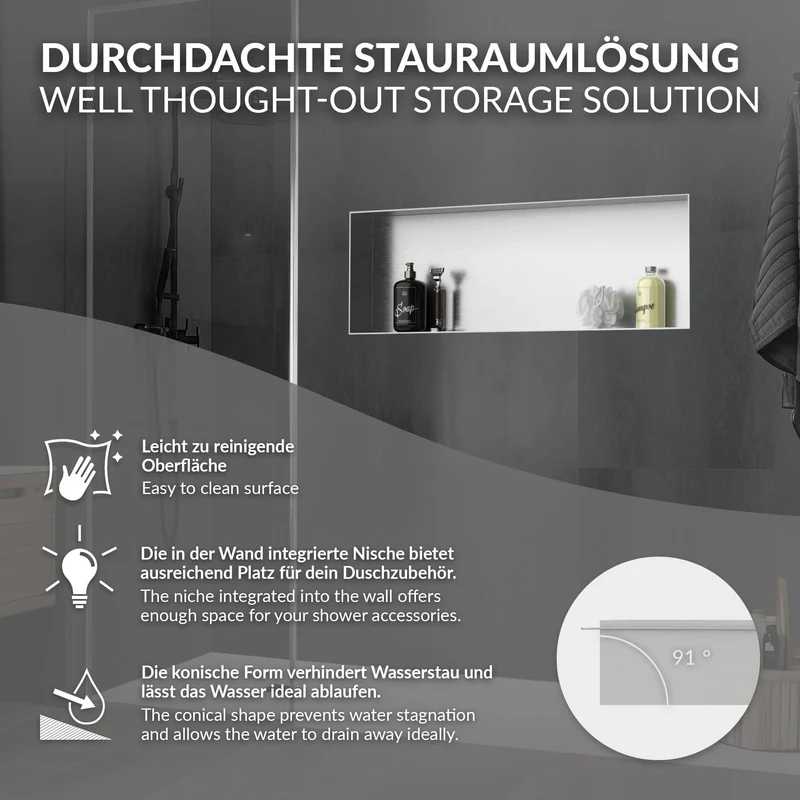 Duschnische 90x30 cm Silber aus Edelstahl Unterputz Rahmen Wandnische Duschablage LuxeBath