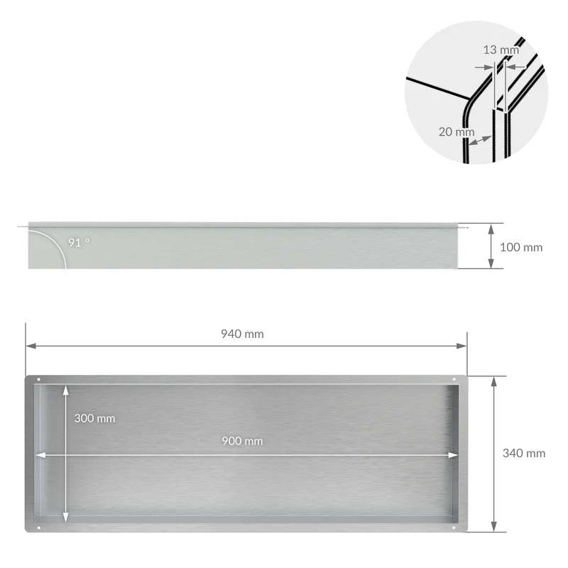Duschnische 90x30 cm Silber aus Edelstahl Unterputz Rahmen Wandnische Duschablage LuxeBath