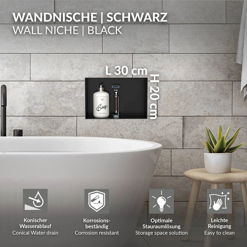 Duschnische 30x20 cm Schwarz aus Edelstahl Unterputz Rahmen Wandnische Duschablage LuxeBath