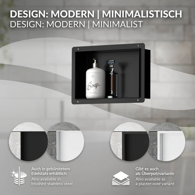 Duschnische 30x20 cm Schwarz aus Edelstahl Unterputz Rahmen Wandnische Duschablage LuxeBath