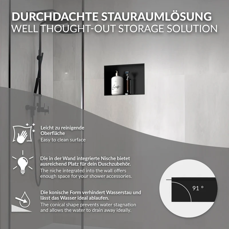 Duschnische 30x20 cm Schwarz aus Edelstahl Unterputz Rahmen Wandnische Duschablage LuxeBath