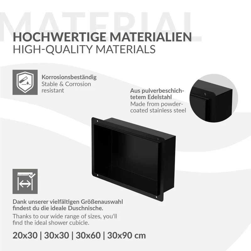 Duschnische 30x20 cm Schwarz aus Edelstahl Unterputz Rahmen Wandnische Duschablage LuxeBath