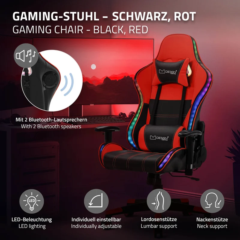 Gamingstuhl mit RGB Beleuchtung & Bluetoothboxen Schwarz/Rot aus Kunstleder ML-Design