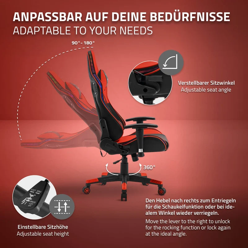 Gamingstuhl mit RGB Beleuchtung & Bluetoothboxen Schwarz/Rot aus Kunstleder ML-Design