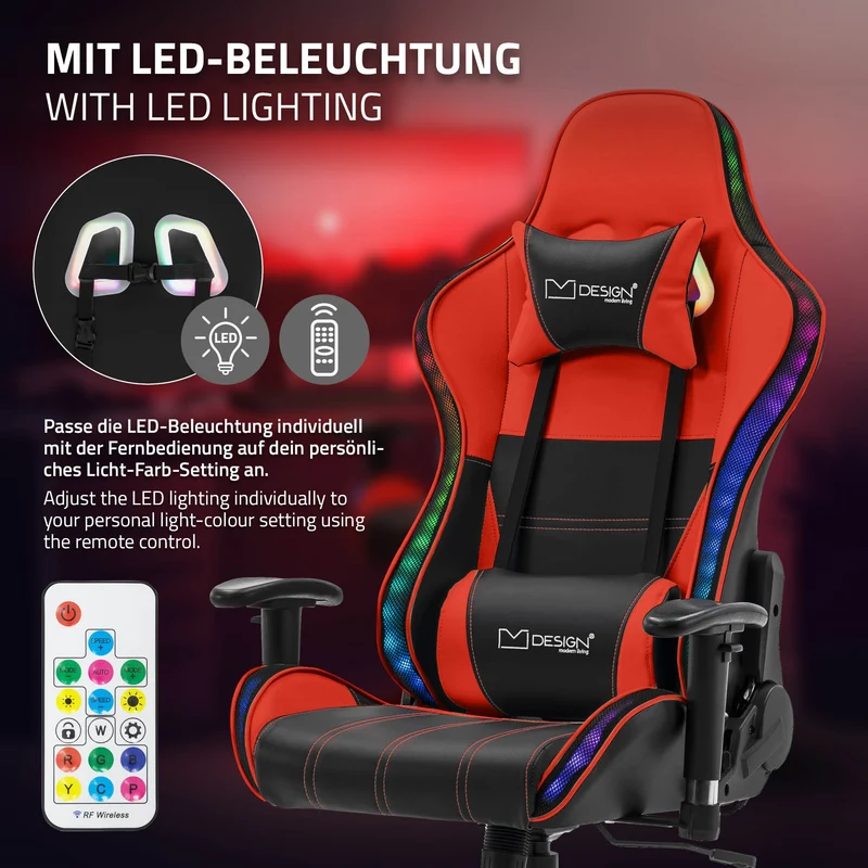 Gamingstuhl mit RGB Beleuchtung & Bluetoothboxen Schwarz/Rot aus Kunstleder ML-Design