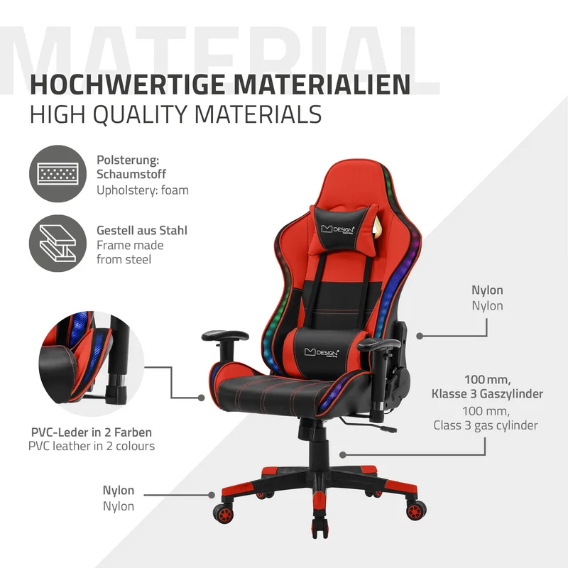 Gamingstuhl mit RGB Beleuchtung & Bluetoothboxen Schwarz/Rot aus Kunstleder ML-Design
