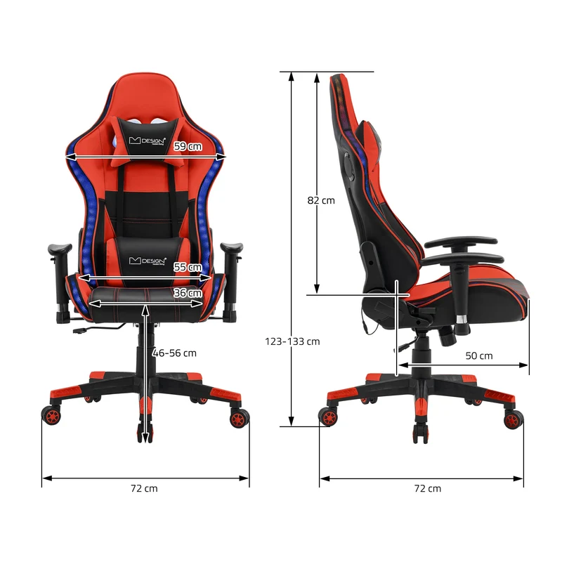 Gamingstuhl mit RGB Beleuchtung & Bluetoothboxen Schwarz/Rot aus Kunstleder ML-Design