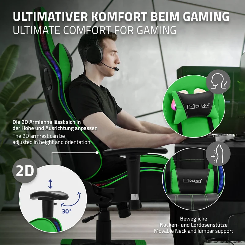 Gamingstuhl mit RGB Beleuchtung & Bluetoothboxen Schwarz/Grün aus Kunstleder ML-Design