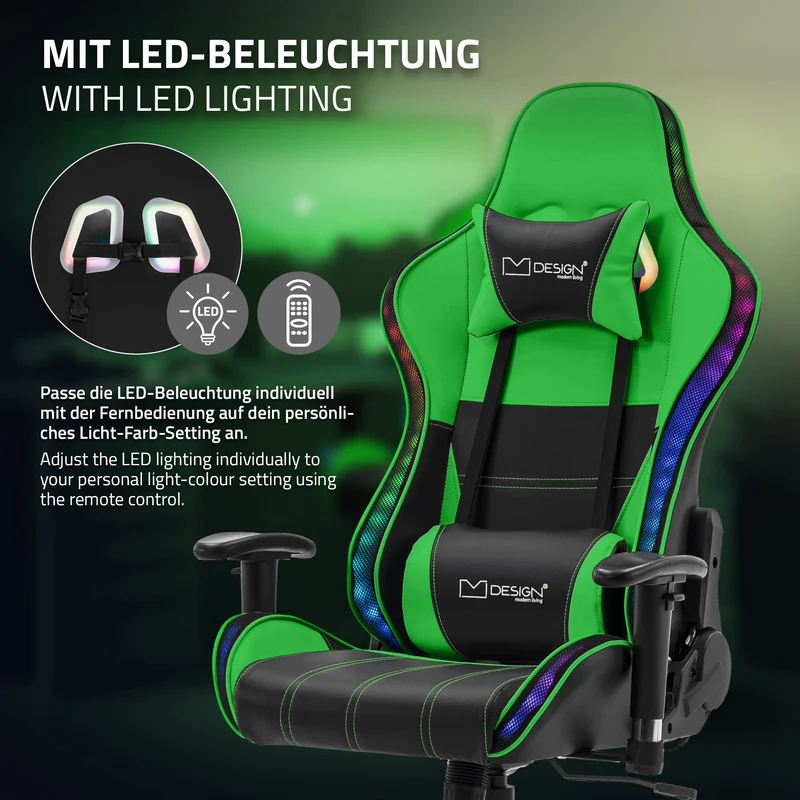 Gamingstuhl mit RGB Beleuchtung & Bluetoothboxen Schwarz/Grün aus Kunstleder ML-Design